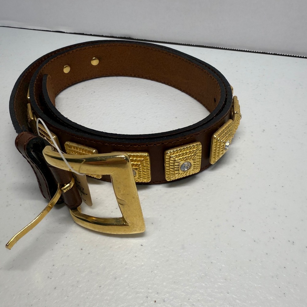 Vintage Express NWT Brown Leather Belt with Embellished Gold/Rhinestone Accent